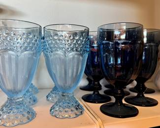 Set of 5 Gorham Crystal Light Blue Water Goblets, Set of 7 Dark Blue Wine Glasses