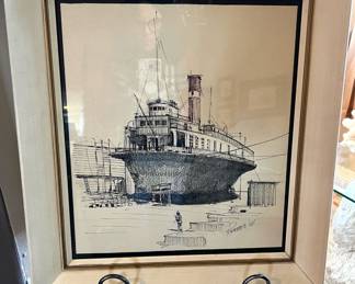Framed Sketch of River Boat by Reeves