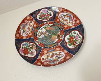 Japanese Cloisonné  Plate with Peacock Design/Blue & Red Panels