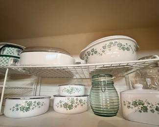 Corning Ware "Green Ivy"  - 2 Enameled Metal Bowls, Round Casserole Dish, Corelle Callaway "Green Ivy" Napkin Holder