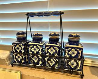 Set of 4 Hand Painted Spice Containers with Carrier - Made in India