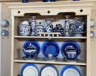 Bombay Company  Cobalt Blue/White Teapot, Bombay Company Cobalt Blue/White Footed Teapot, Ralph Lauren Mandarin Blue/White Porcelain Pitcher, Pair of  Ralph Lauren Mandarin Blue/White Porcelain Candle Sticks, Ralph Lauren Mandarin Blue/White Ginger Jar, Navy Blue/White Porcelain Ginger Jar, Chinoiserie Porcelain Pedestal Blue/White Bowl