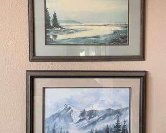Framed and Matted Watercolor of Beach by Charles Mulvey, Framed and Matted Watercolor of Mountainscape