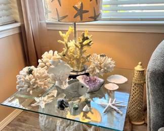 Reef Design Side Table with Square Glass Top, Coral Reef Lamp with Starfish Shade, Assortment of Coral, Starfish and Sand Dollars