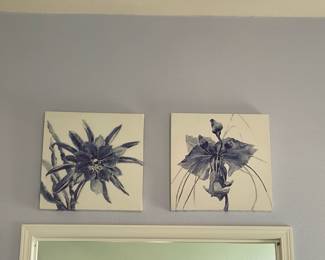 Pair of Blue & White Flower Canvas Wall Art 