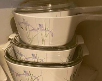 Corning Ware "Shadow Iris" Roaster Dish, 2 Sauce Pans, 2 Casserole Dishes
