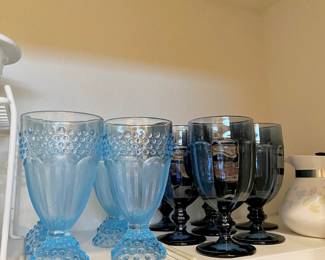Set of 5 Gorham Crystal Light Blue Water Goblets, Set of 7 Dark Blue Wine Glasses