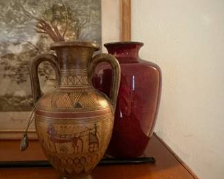 Greek Themed Amphora, Red Ceramic Vase