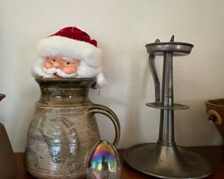 Pewter Handled Candle Holder, Brown Pottery Mug/Stein, Iridescent Glass Egg Paperweight