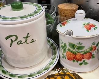 1981 Haldon Group- Green/White Handpainted Pate' Crock Pot with Lid & Saucer, Fortnum & Mason Porcelain Strawberry Jam Jar