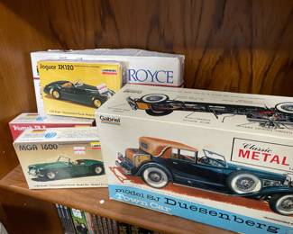 Gabriel Duesenberg SJ Town Car Model Kit, Lindeberg Jaguar Model Kit - XK120, 1950's Lindberg MGA 1600 Sports Car Model Kit