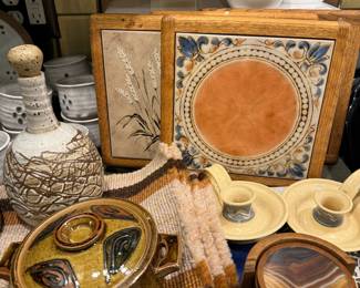 Brown Agate/Wood Coaster Set, White/Brown Pottery Decanter by Newman, Pair of Cream/Blue Swirl Stoneware Candle Holders