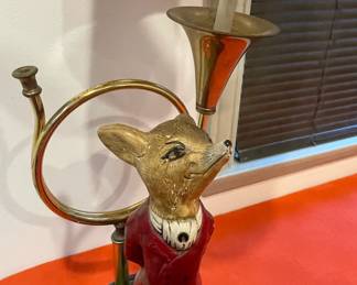 1960's Fox Lamp With Brass Bugle and Red Shade