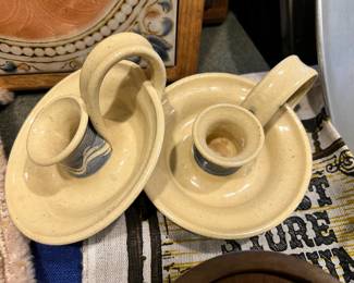 Pair of Cream/Blue Swirl Stoneware Candle Holders