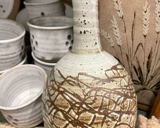 White/Brown Pottery Decanter by Newman