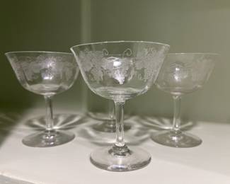 Set of 4 Etched Champagne Glasses with Grape Vine Design