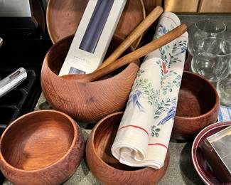 Teak Wood Bowl Set - Mixing Bowl, 4 Salad Bowls