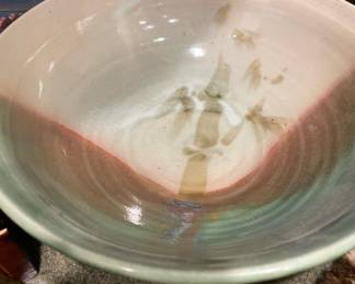 Green/Brown/Cream Pottery Bowl with Bamboo Design