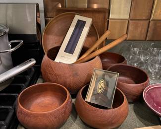 Teak Wood Bowl Set - Mixing Bowl, 4 Salad Bowls