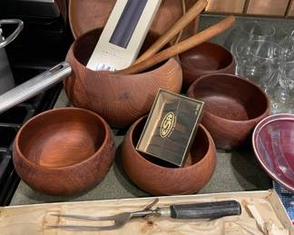 Teak Wood Bowl Set - Mixing Bowl, 4 Salad Bowls, Faux Antler Meat Carving Set