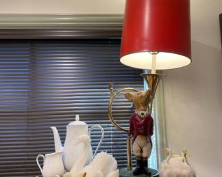 1960's Fox Lamp With Brass Bugle and Red Shade, Noritake China Creamer and Teapot - Virtue Pattern