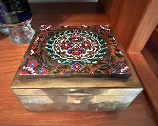Brass Trinket Box with Folk Art Design