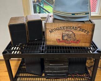 Brunswick Baby Blue Leather Bowling Bag, Moosehead Beer Wooden Crate, 2 Boston Acoustics Bookshelf Speakers - HD5, Panasonic Mash Mini Stereo Cassette and CD Player with Speakers