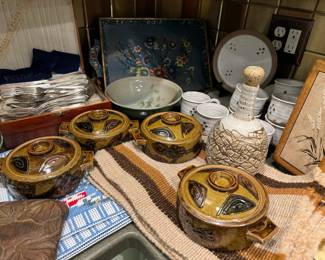 Set of 4 Mid Century Japanese Otagiri Stoneware Lidded Casserole Dishes, Brown/White Pottery Set - Mugs, Cups & Dinner Plates, White/Brown Pottery Decanter by Newman