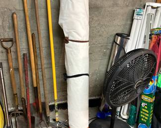 Assortment of Garden Rakes and Shovels, Lasko Adjustable Pedestal Fan