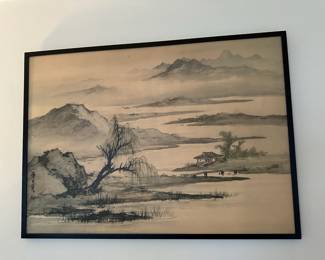 Framed Chinese Print of Willow Tree by Pond