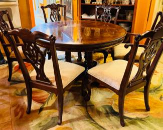 $495
Universal Furniture NC Round table 54Dx30H with Chippendale style 2 arms + 4 chairs