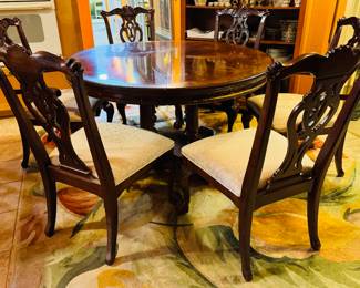 $495
Universal Furniture NC Round table 54Dx30H with Chippendale style 2 arms + 4 chairs