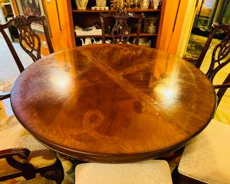$495
Universal Furniture NC Round table 54Dx30H with Chippendale style 2 arms + 4 chairs
