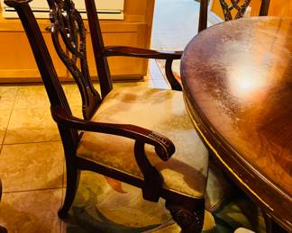 $495
Universal Furniture NC Round table 54Dx30H with Chippendale style 2 arms + 4 chairs