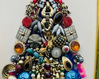 $50 - Christmas tree made of vintage jewelry in frame