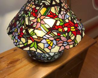 Table top stained glass window with a rainbow of colors TeePee shaped shade