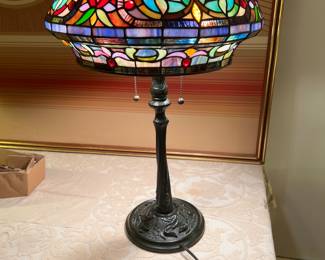 Leaded glass lamp with jewel tone colored shade