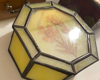 Yellow Stained Glass Trinket Box with Floral Design