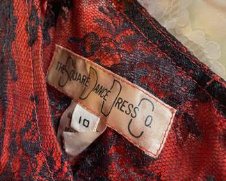 The Square Dance Dress Co - Red Dress with Black Floral Lace Overlay - Size 10