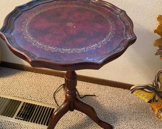 Piecrust Leather Top Wood Pedestal Side Table