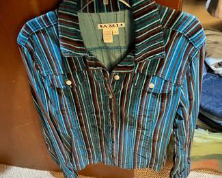 A.M.I. Corduroy Teal/Brown Striped Button Up Long Sleeve - Size L