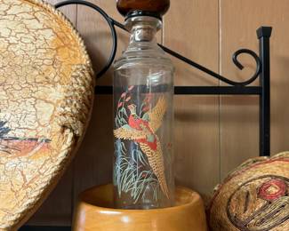 Clear Glass Pheasants Flying Whiskey Decanter Bottle with Stopper, Turned Wood Small Bowl