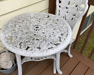 White Wrought Iron Bistro Set with Rose Design