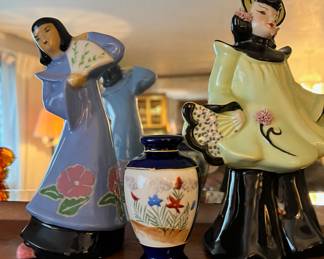 Florence Ceramics Asian Woman in Lime Green Dress Figurine Planter, Japanese Woman with Fan Figurine