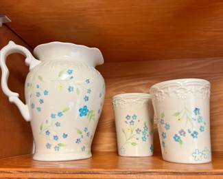 Rite of Spring - White with Blue Floral Design Pitcher with Two Glasses