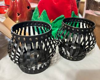 Pair of Distressed Black Crimped Metal Candleholders 