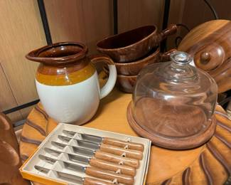 Domed Glass Wood Cheese Board, Brown/White Glossy Stoneware Pitcher, Set of 6 Wood Handled Butter Knives, Set of 3 Brown Glazed Pottery Soup Bowls with Handle