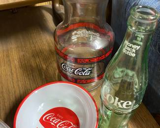 Coca-Cola Godfather's Pizza Glass Pitcher, Green Glass Coca-Cola Bottle, Coca-Cola Trinket Dish