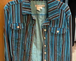 A.M.I. Corduroy Teal/Brown Striped Button Up Long Sleeve - Size L