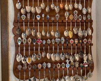 Assortment of Antique Souvenir Spoons, Spoon Display Shelf